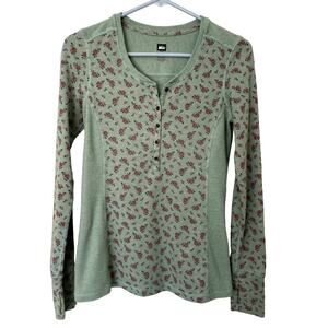 REI Rimrock Floral Henley Light Green Ribbed Long Sleeve Floral Shirt Size Small